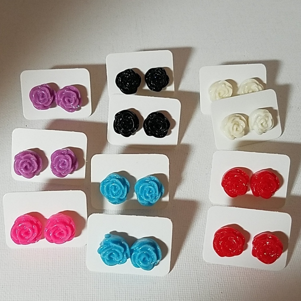 Colorful Glitter Rose Bud Earrings Lot of 11 Earrings